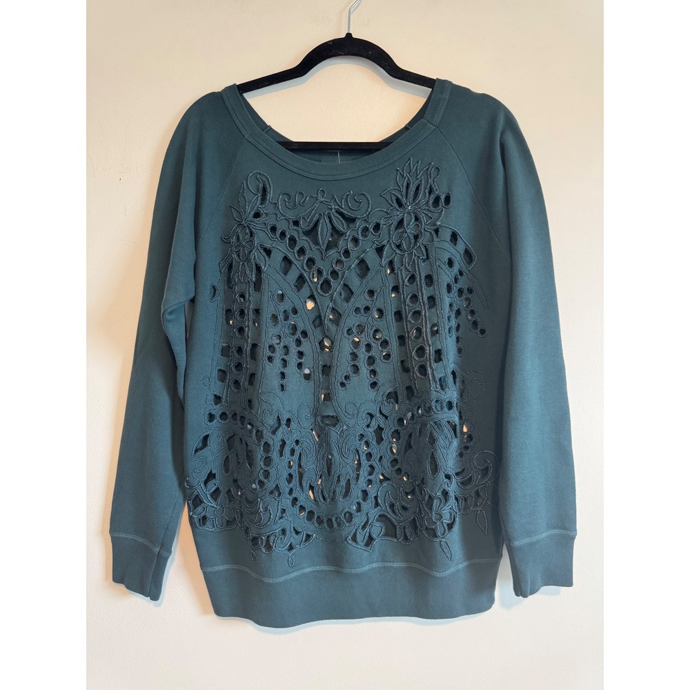 Dries Van Noten Teal Green Eyelet Cut Out Embroidered Cotton Sweatshirt Medium